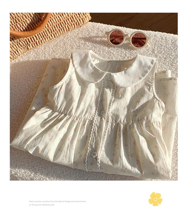 Korean Style Girls' Floral Dress - Summer 2026 Cotton Lace Sleeveless with Doll Collar
