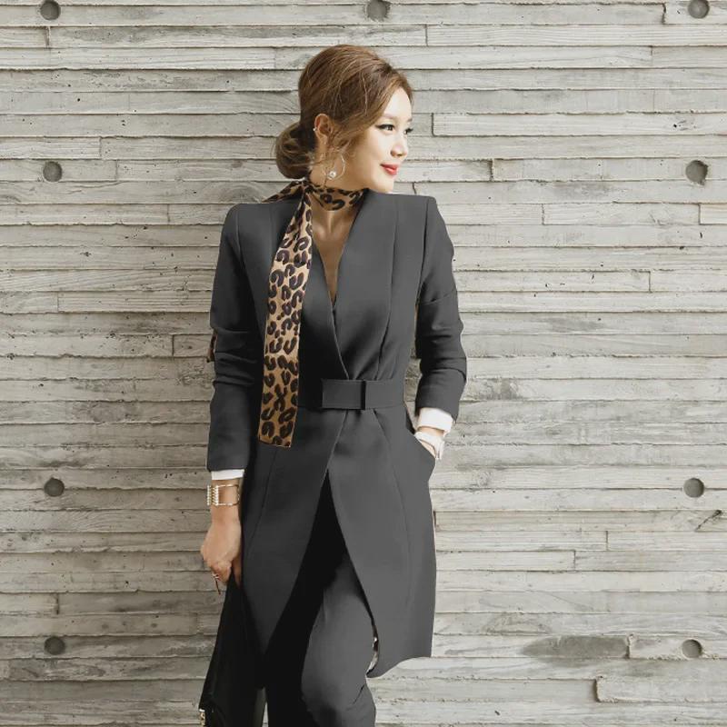 2025 Autumn New Korean Women's Long Blazer & Slim Trousers Set