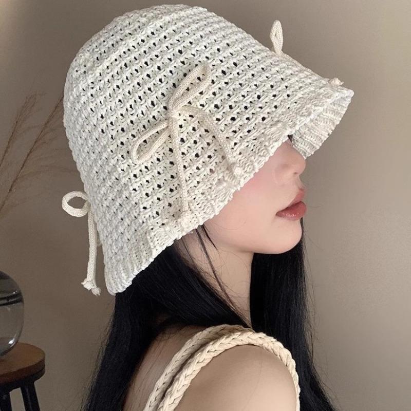 Bow bucket hat women's new spring and summer breathable sunscreen bucket hat show face small hat