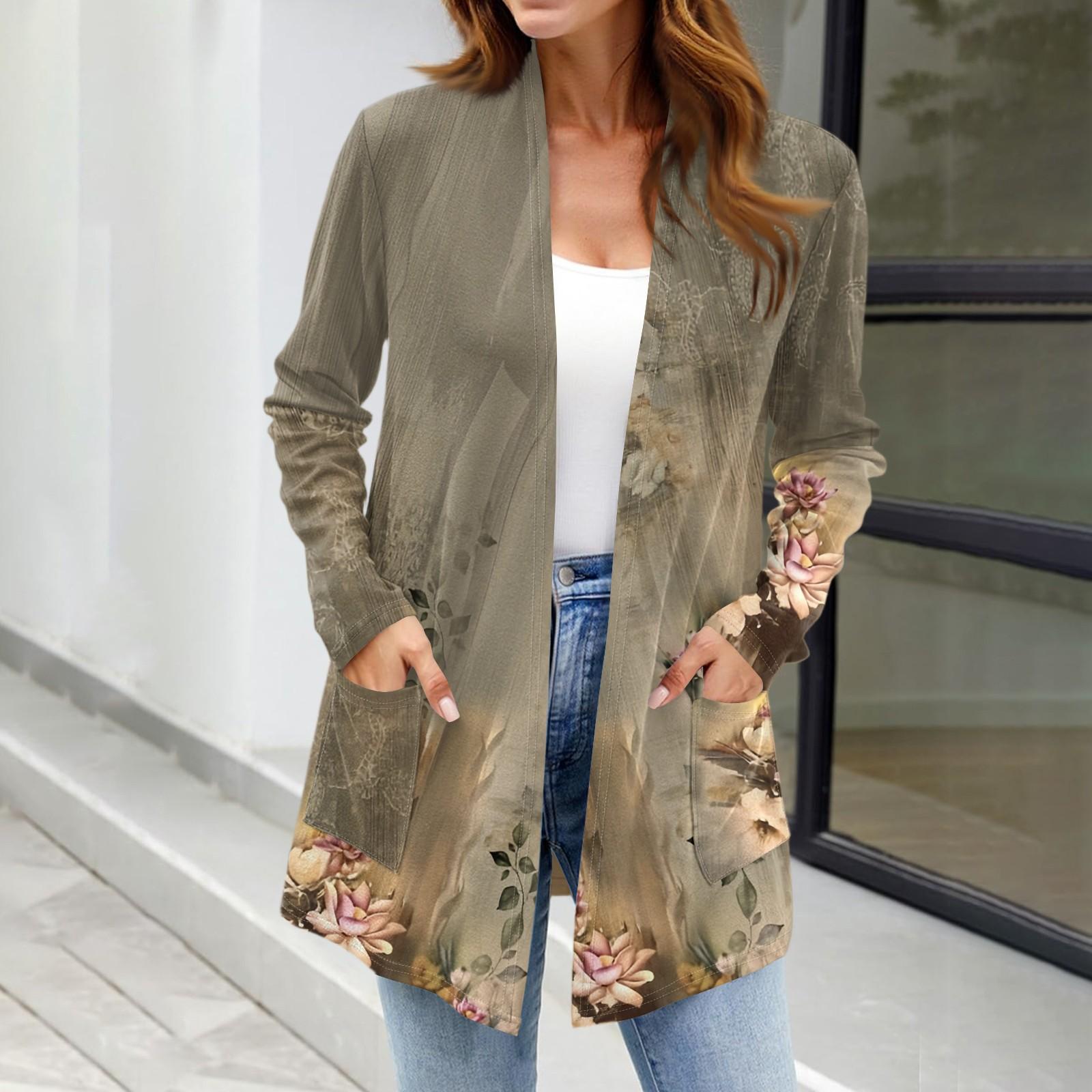 

Женские легкие кардиганы с открытой передней частью, с длинными рукавами, повседневные, свободные, тонкие кардиганы с карманами M хаки