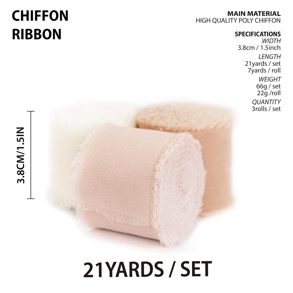 3 Rolls Handmade Frayed Edged Chiffon Ribbon for Wedding Invitation Wrapping Bouquets Decor