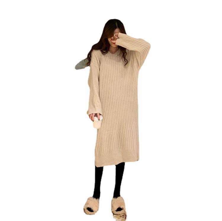 Korean loose hooded bottoming knitted dress women's 2026 autumn and winter thickened knee sweater medium and long skirt