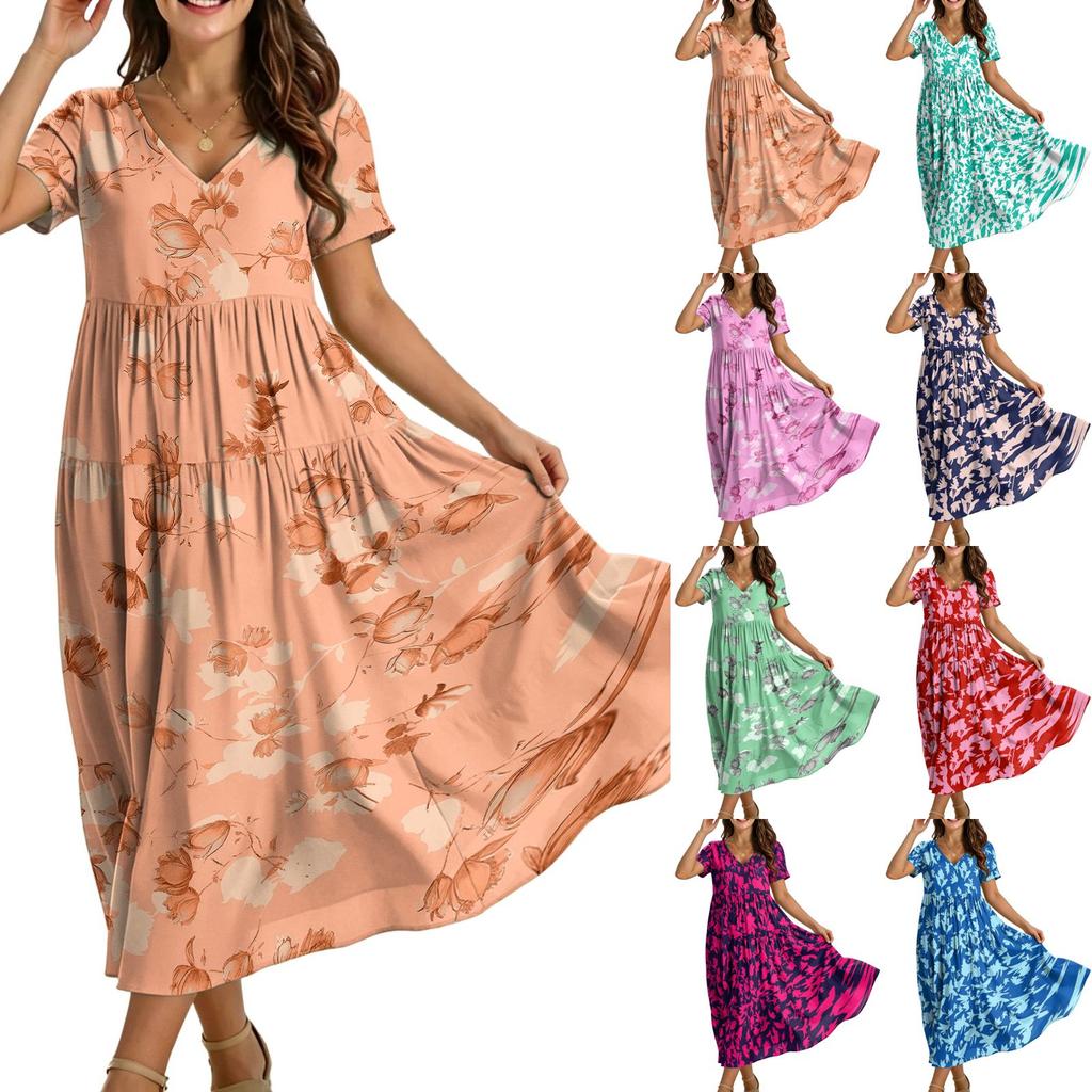 Women’s Casual Loose Fit Bohemian Style Short Sleeve V Neck Printed Maxi Dress for Summer and Spring Outings and Daily Wear