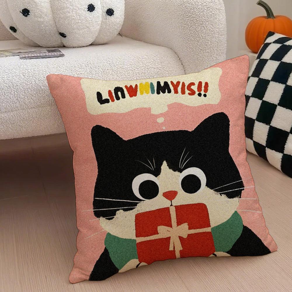 Cozy Cartoon Christmas Gift Cute Cat Cushion Cover Linen Pillow Case Soft Breathable Protective Couch Room Decoration
