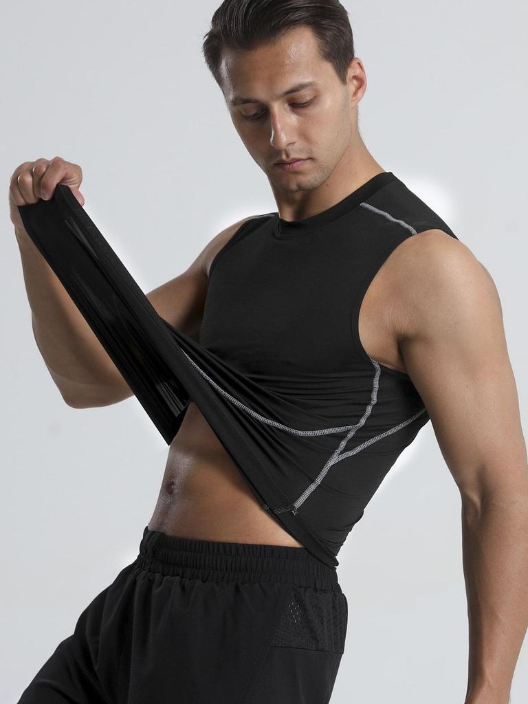 Men's compression vest, high elasticity round neck sweat absorbing quick drying sleeveless T-shirt, suitable for men's fitness training