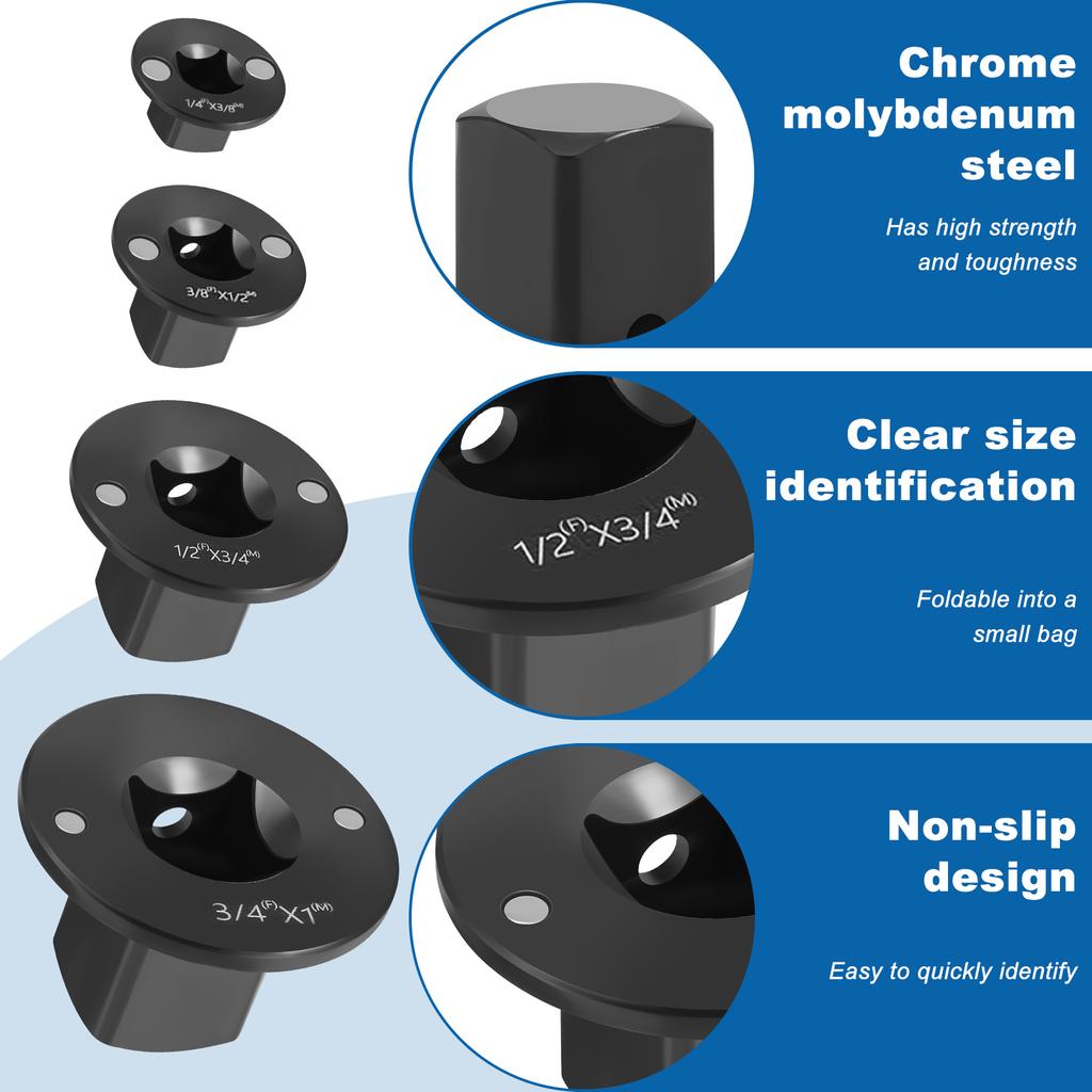Low-Profile Impact Socket Adapter 1/4" to 3/8", 3/8" to 1/2", 1/2" to 3/4", 3/4" to1" Drive Ratchet Adapter 4 Pcs Socket Adapter
