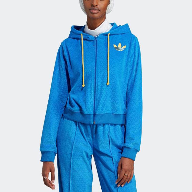adidas Originals Trefoil Logo Print Zip Hoodie With Drawstring Women Tops Blue IB2046