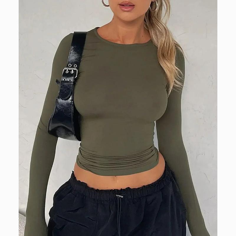 T-shirt Y2K Printemps et Automne T-shirts Décontractés pour Femmes T-shirt à Manches Longues T-shirt Uni Slim Pull T-shirt Haut Bas pour Femmes Blusas 29879