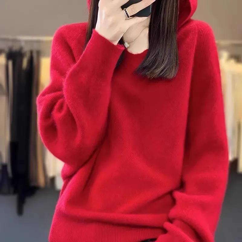 Suéter de punto de manga larga con capucha informal para mujer, estilo holgado, para otoño e invierno