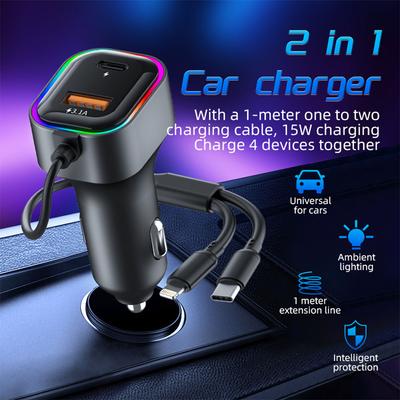 Caricabatterie per auto USB da 45 W con cavo di ricarica rapida Lightning Type-C 2 in 1, adattatore per veicoli per iPhone Samsung Huawei VIVO OPPO