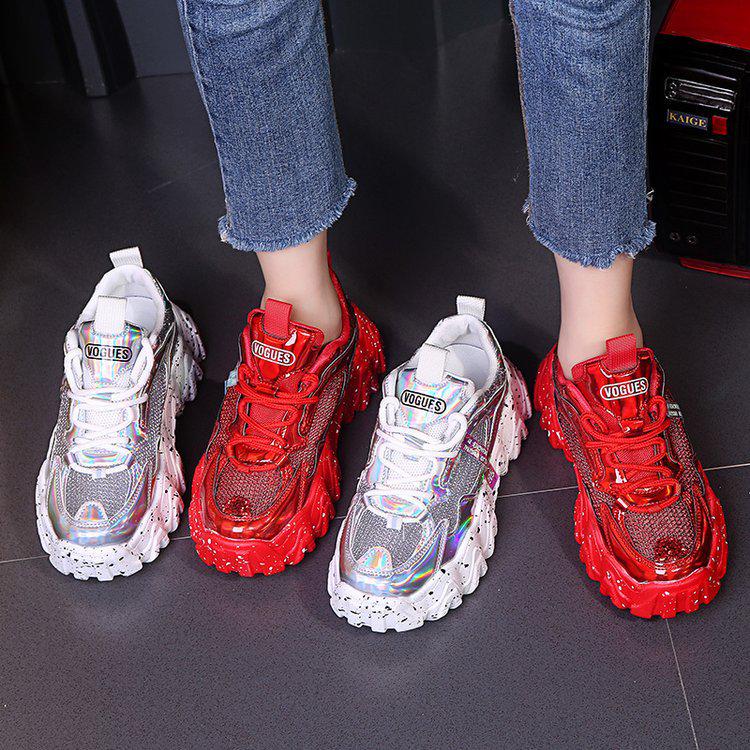 Pantofi de sport pentru femei, primăvară 2021, la modă, din pânză cu paiete, respirabil, vârf rotund, pantofi groși pentru femei