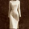 Women's Color Suede Retro Western Round Neck Slim Fit Long Sleeved Fringe Dress