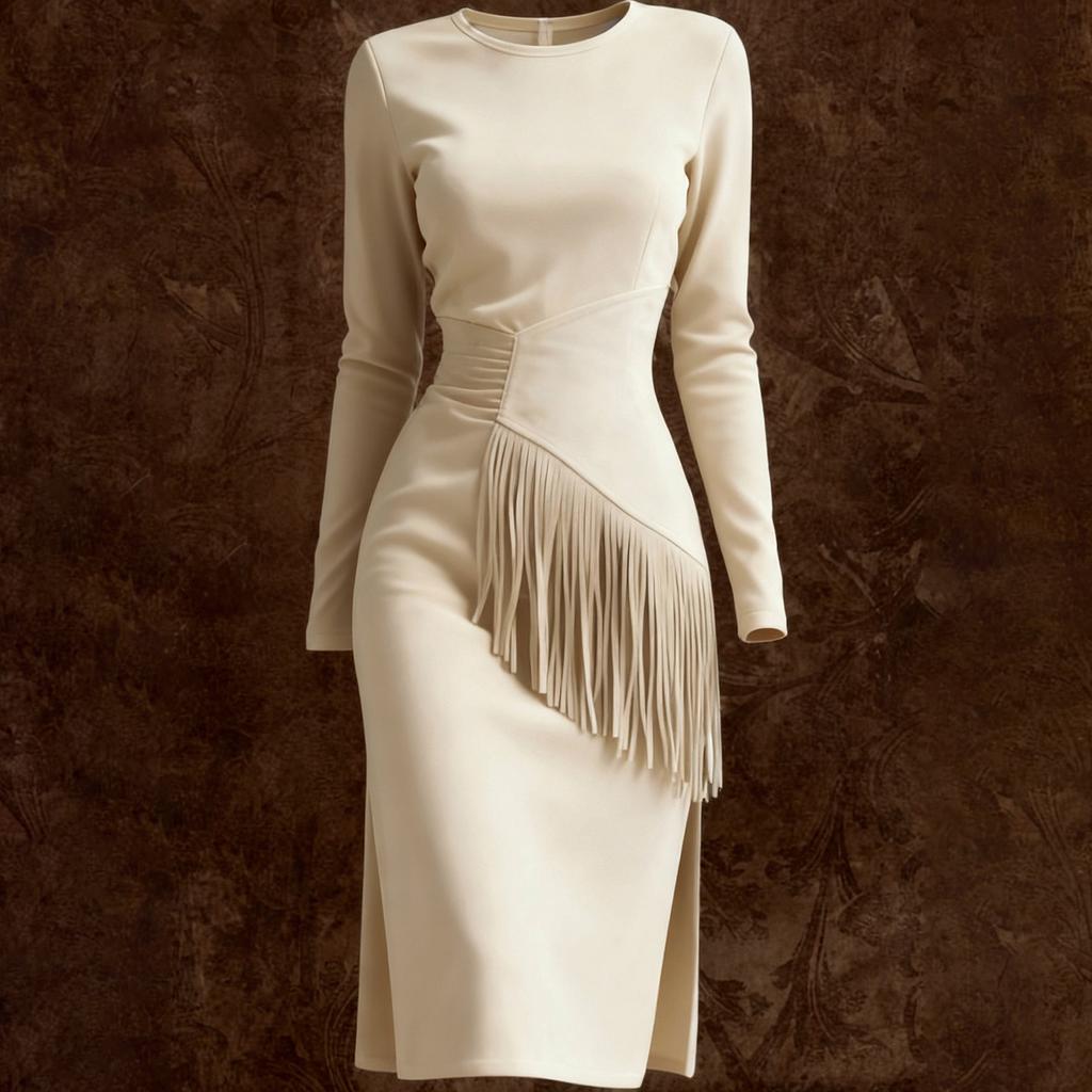 Women's Color Suede Retro Western Round Neck Slim Fit Long Sleeved Fringe Dress