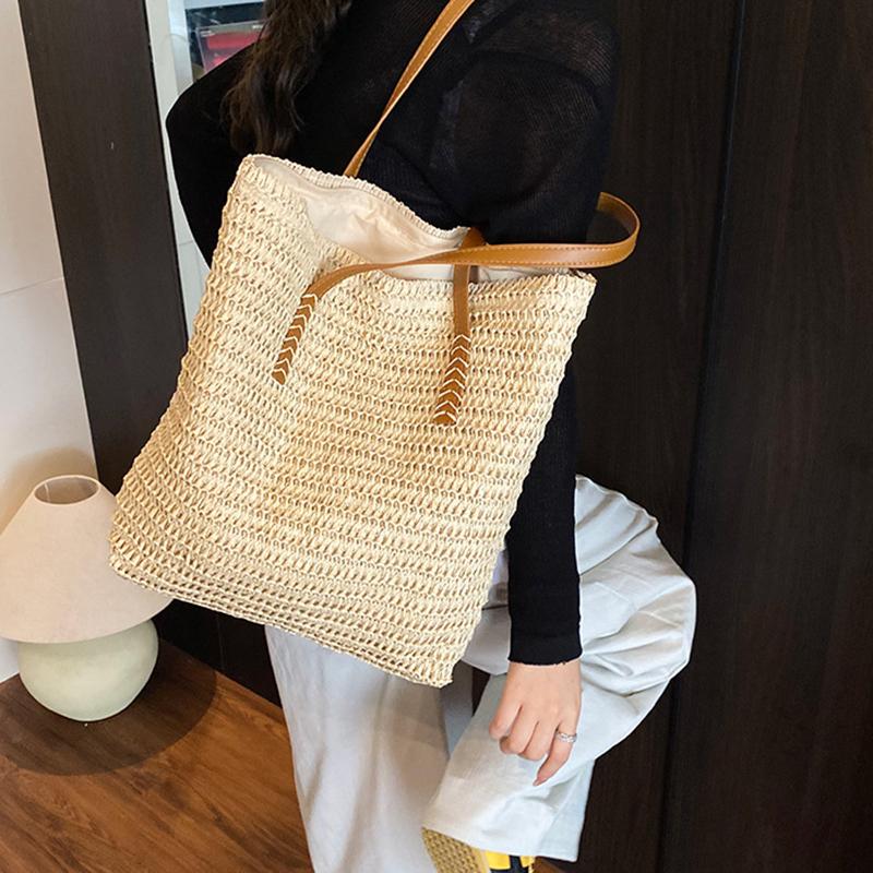 Women Top-Handle Bags Straw Summer Beach Straw Bucket Bag Woven Tote Purse Casual Travel Handbags for Women