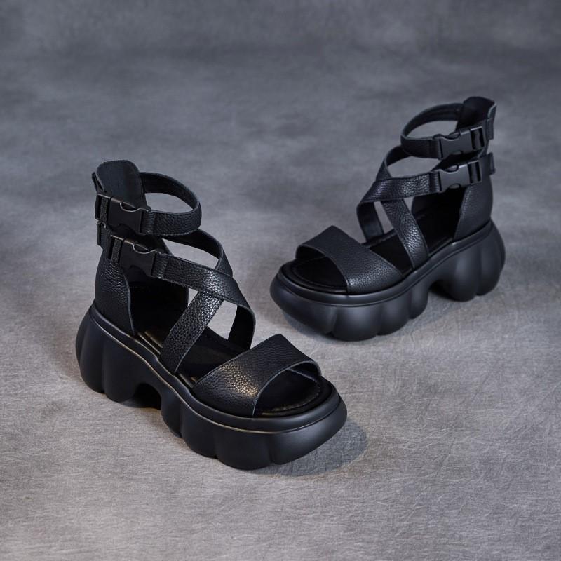 Johnature Roman Peep Toe Thick Soled High Heel Sandals Genuine Leather Buckle Women's Platform Shoes
