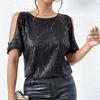 Women's Fashionable Sexy Off,the,Shoulder Round Neck Short Sleeve Glitter Sequined T,Shirt Top
