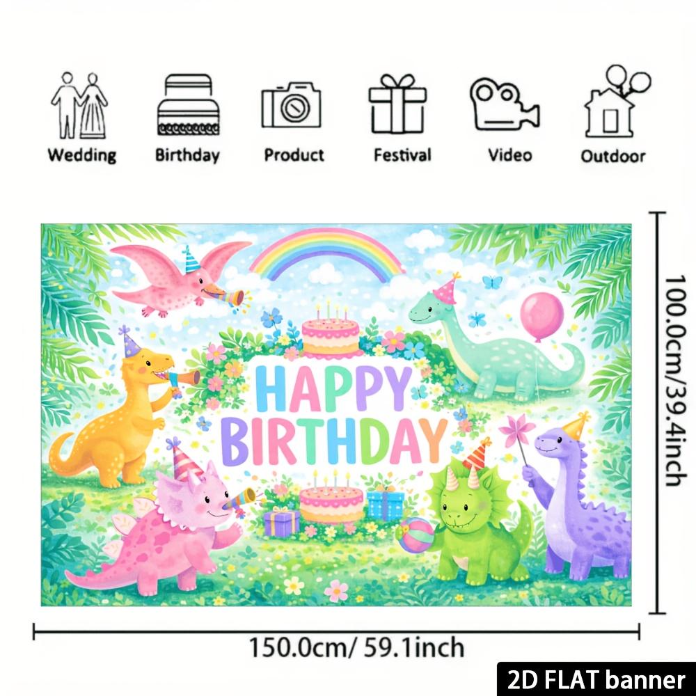 2D Flat Dinosaur-themed Birthday Party Banner Background Suitable for Indoor and Outdoor Birthday Celebrations