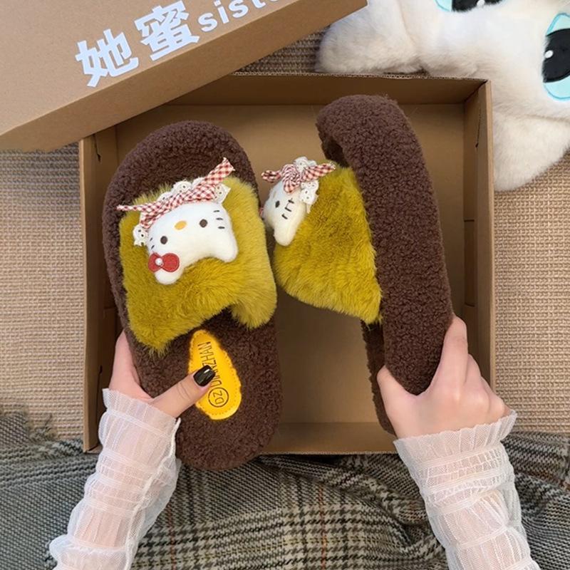 

Флисовые теплые пушистые тапочки, однословные шлепанцы, модные мультяшные хлопковые тапочки Hello Kitty, женские, новые осень-зима 2025 40 жёлтый
