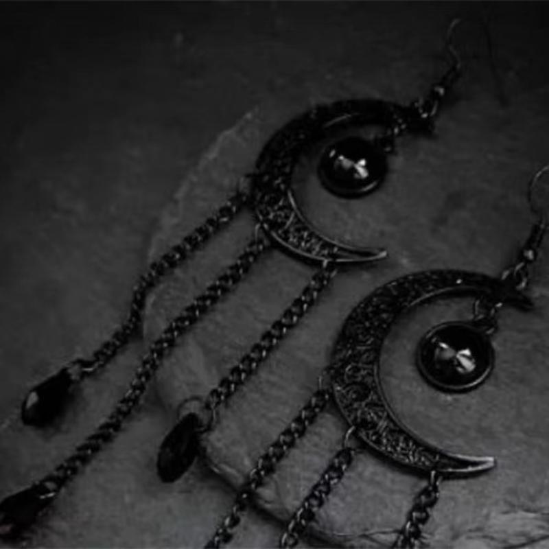 Gothic Black Moon Earrings Stars Hollow Moon Demon Fringe Paganism Witchcraft Earhook For Women Black Stone Mystery
