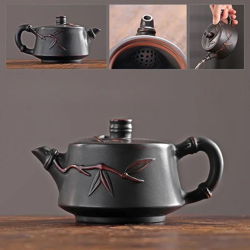 

Цзяньшуйская фиолетовая керамика, чайник с резьбой по бамбуку, расписанный вручную, антикварный рельефный чайник, бытовой чайник, чайный набор для кунг-фу, чайник