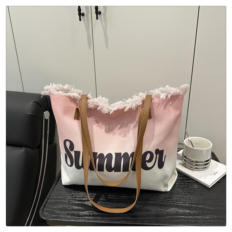 Summer Large Capacity Women Canvas Shoulder Bags Casual Tassel Design Ladies Beach Tote Bag Ctrast Color Letter Female Handbag