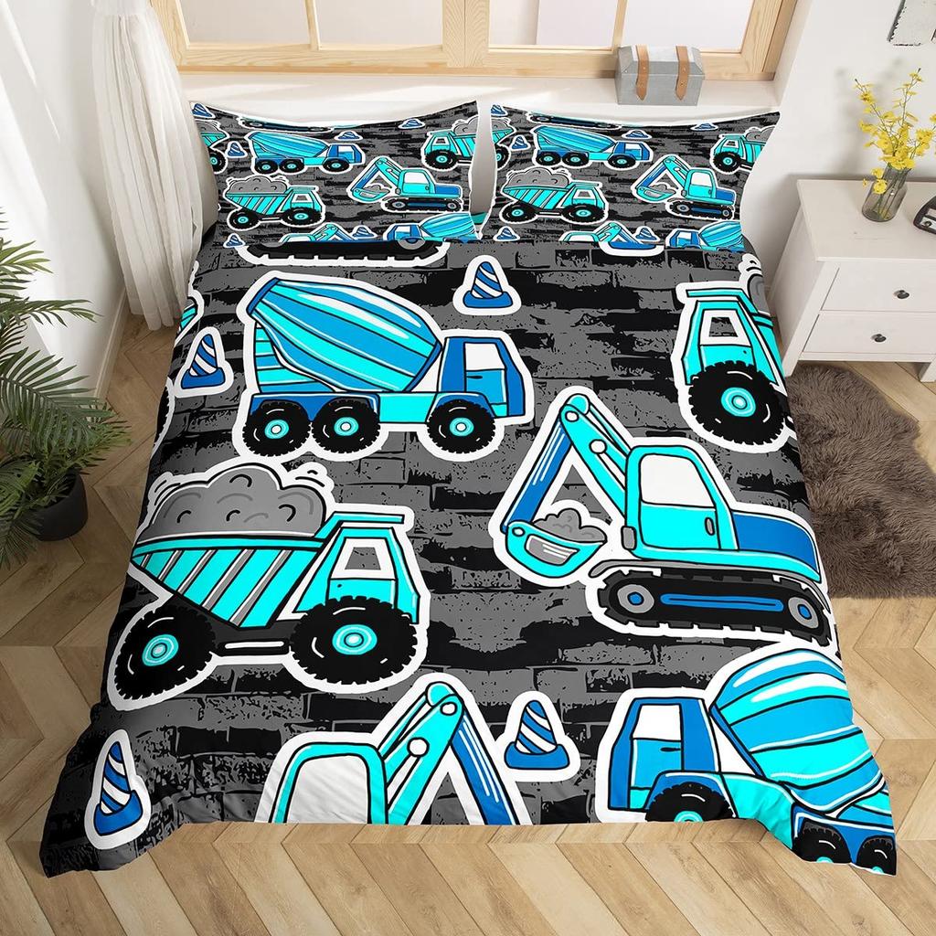 Bagger Königin Bettbezug Cartoon Baufahrzeug Bettwäsche-Set für Kinder Jungen Mädchen Traktor 2/3-teilig Polyester Bettdeckenbezug