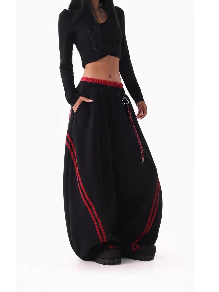 Women's Hip Hop Color Block Striped Sweatpants - Double Waistband, Baggy Fit for Spring/Autumn