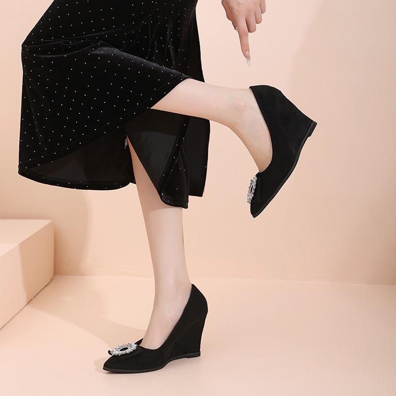 Wedge Single Fall New Pointed Toe Shallow Slip Rhinestone Square Buckle Slip Foot Anti-Slip Wear-Resistant High Heels