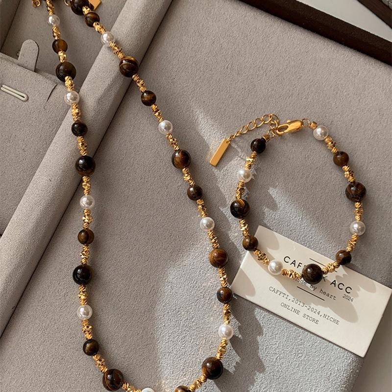 Real Gold Electroplated Retro Tiger'S Eye Stone Pearl Necklace Niche Design Temperament Light Luxury Fashion Ethnic Style Collarbone Chain