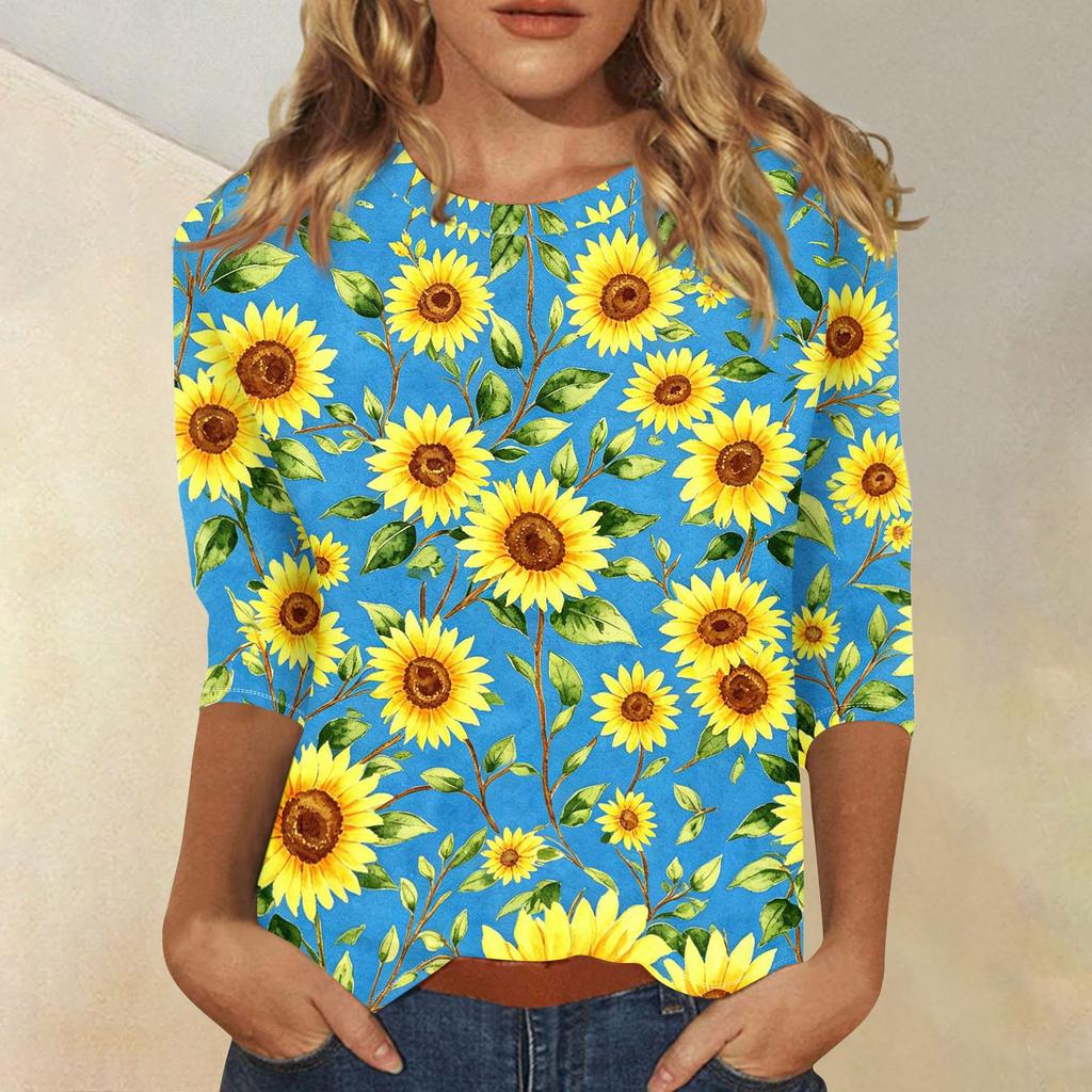 Dames Casual Top met Bloemendruk Ronde Hals Driekwartmouw Blouse Lichtgewicht Comfortabele Stof Geschikt voor Dagelijks Gebruik