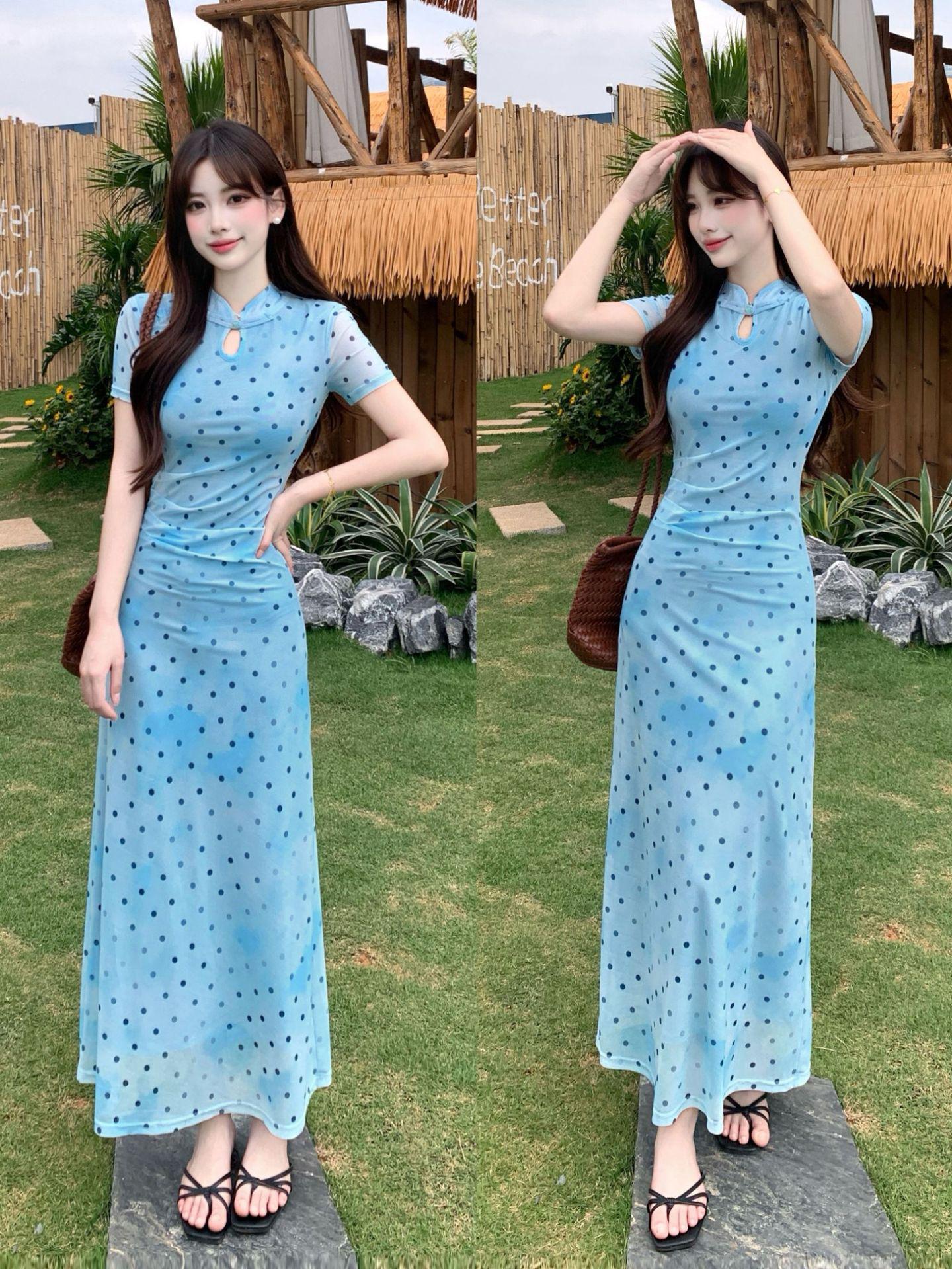 Plus Size Chinese Style Polka Dot Qipao Dress - Summer Waist-Cinched Long Skirt XXL