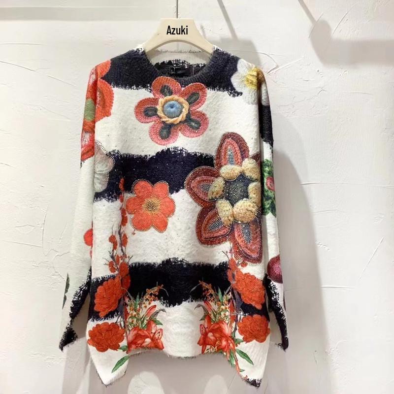2024 A/W Women's Plus Size Loose Mink Cashmere Sweater, Personality Print, Round Neck, Middle-Aged Style