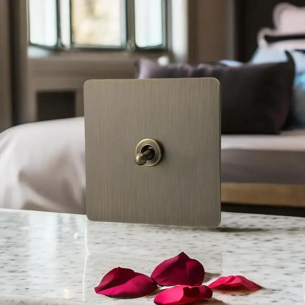 Retro Eu Metal Panel Wall Toggle Light Switch Socket,Bronzed Antique Stainless Steel German 16A Socket with USB Phone Charging