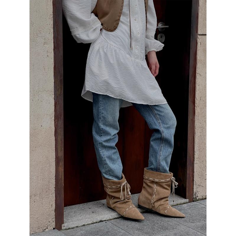 Sheepskin version retro versatile pointed boots inner height increasing strap design niche short boots slim temperament female knight boots