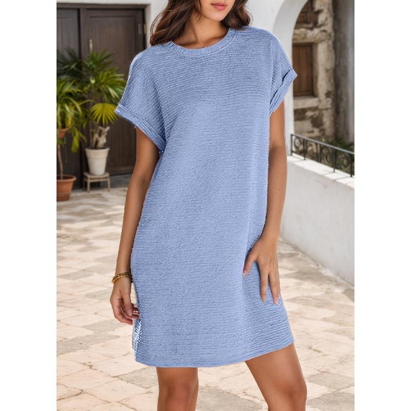 Women'S Fashionable Solid Color Short Sleeved Round Neck Casual Sports Short Dress With Pockets