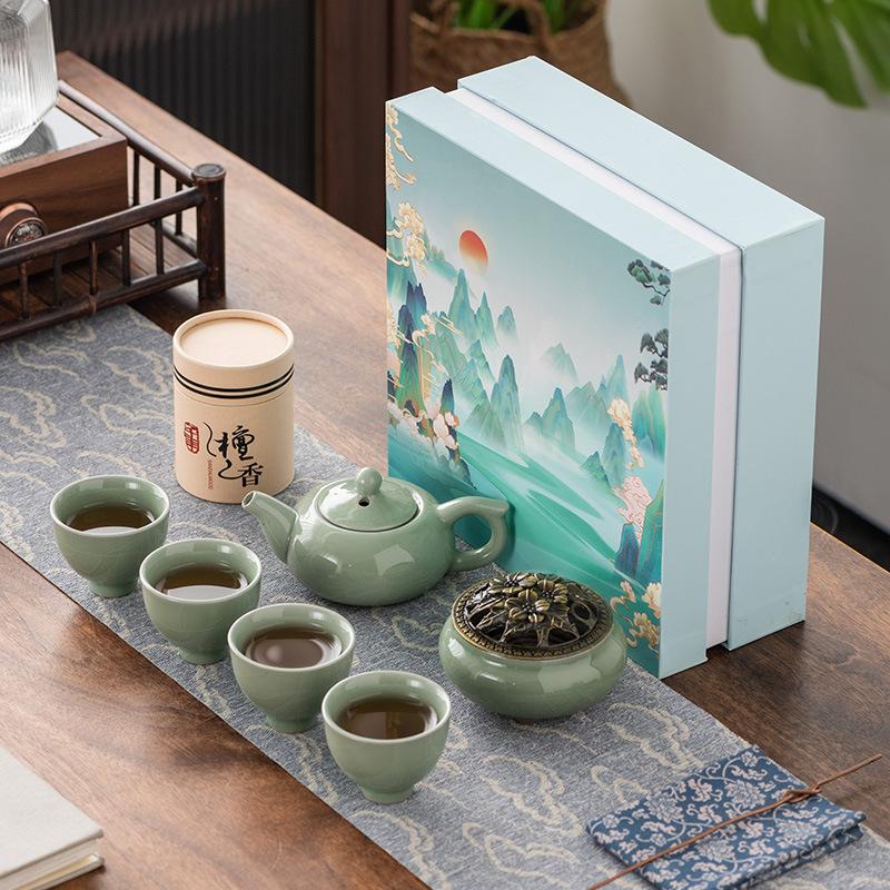 Guochao Business Dragon Boat Festival Mid-Autumn Festival Gift Tea Set One Pot Four Cups Ge Yao Xi Shi Pot Sandalwood Combination Set