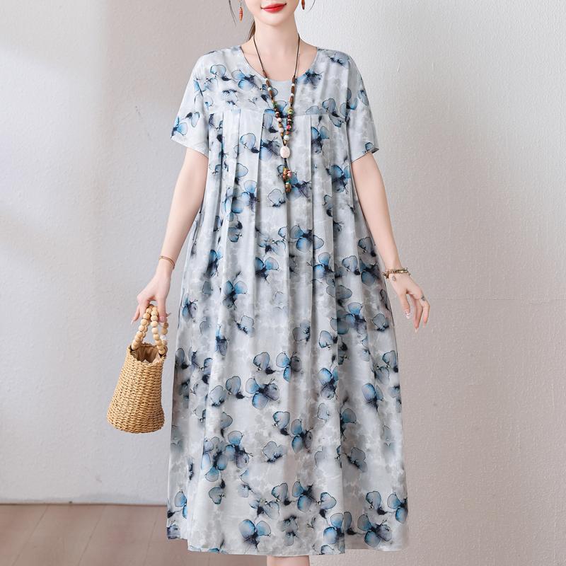 Plus Size Loose Vintage Print Langes Kleid für Damen Lässige Kurzarm-Sommer-Damenkleider