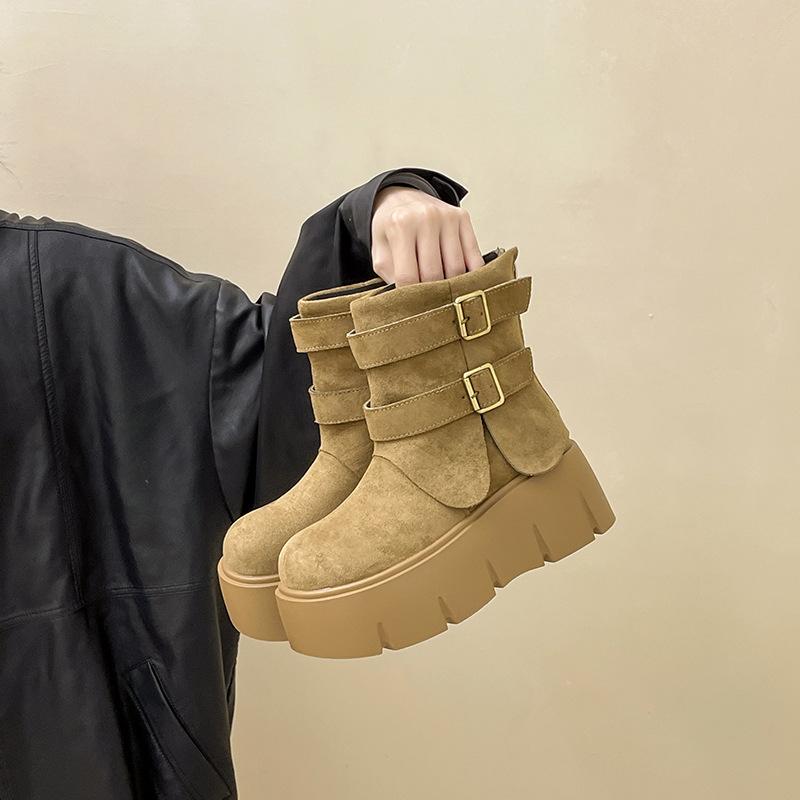 Retro thick-soled one-word buckle slim short boots with coat Martin boots 2025 autumn and winter suede boots women's fashion boots