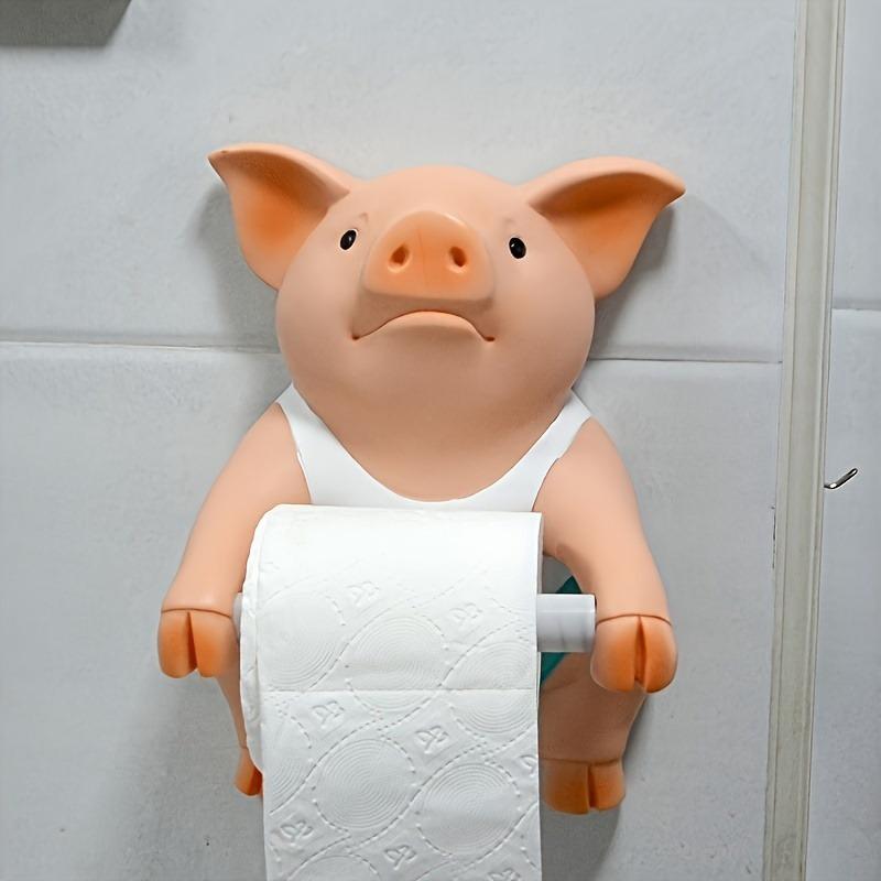 1pc Cute Pig Toilet Paper Holder, Resin Tissue Roll Dispenser, Self Adhesive Wall Mount, for Bathroom