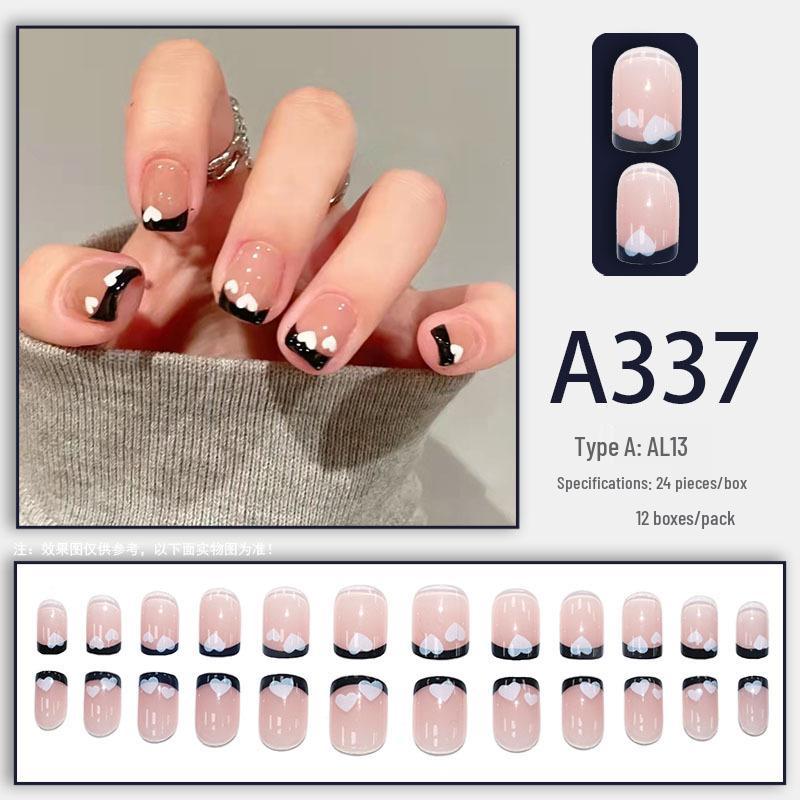 Sweet & Cute French Tip Black Heart Edge Short Wearable Nails