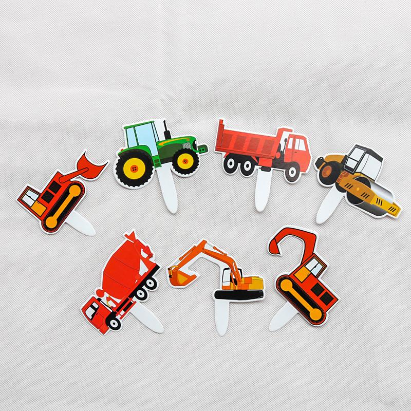 7pcs Truck Car Excavator Tractor Cupcake Topper Boys Favors Birthday Cake Decoration Paper Backing Dessert Insert Party Supply