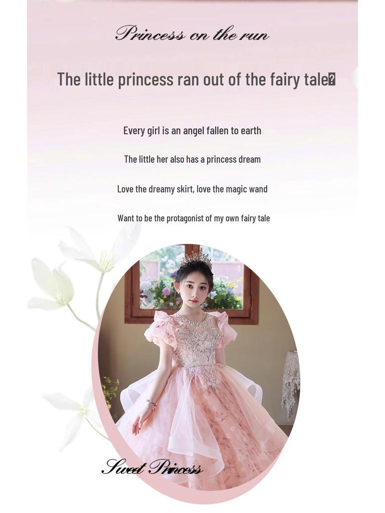 Pink Mori Style Luxury Tulle Princess Dress for Children's Birthday & Piano Performance