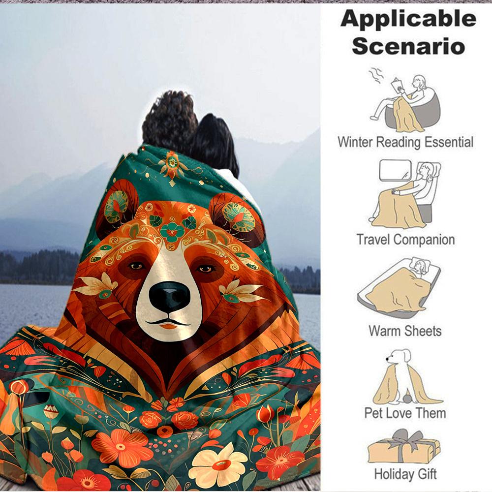 1pc Floral Bear Blanket, Lightweight Flannel Throw Blanket For Sofa, Bed, Travel, Camping, Living Room, Office, Couch, Chair, And Bed