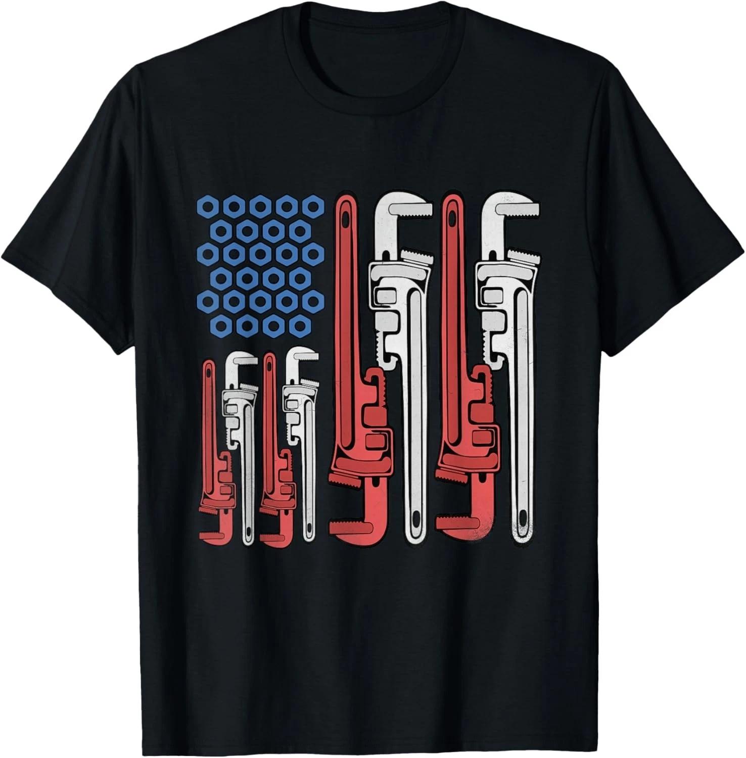 

Plumber American Flag Pipe Wrench 4th of July Plumbing Gift Unisex T-Shirt M