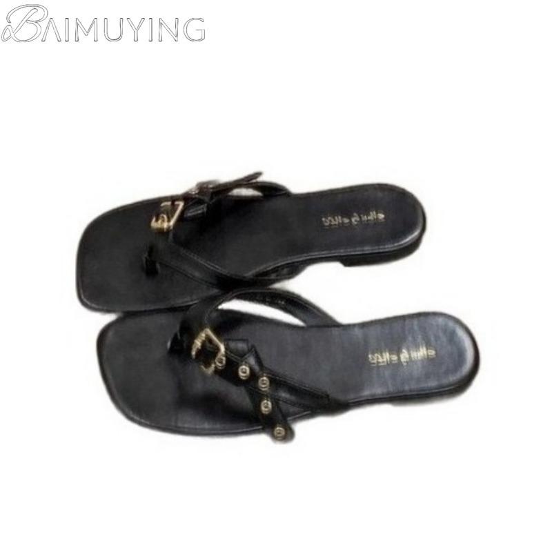 Women's Slippers Buckle Flip Flops Square Toe Sandals Flats Casual Shoes Woman Loafers 2025 Trend Summer Shallow Comfort Slides