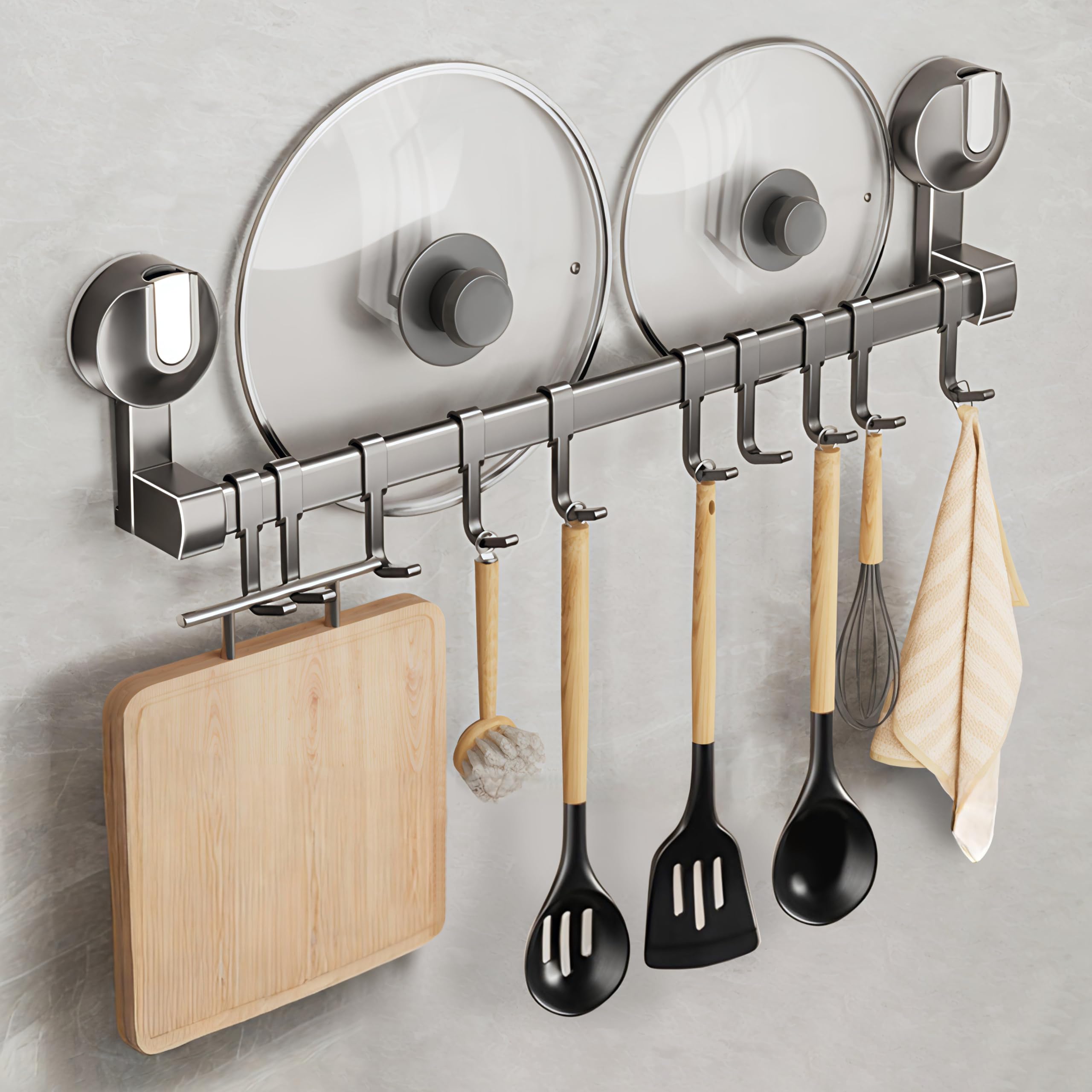 

Кухонный инструмент Присоска Прочный Алюминиевый Кухонный Водонепроницаемый и Кухонный Крышка для кастрюли Кухонная стена Подвижный 8 крючков Ширина Крючки, Крючки, Стойка, серый