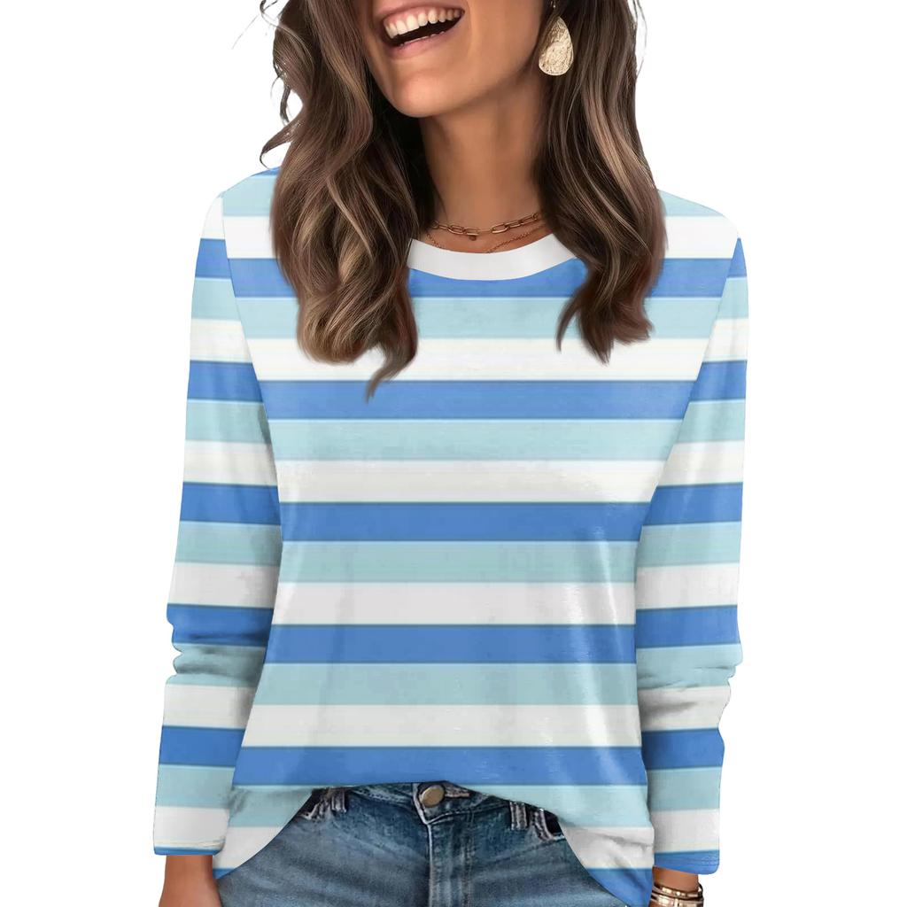 Ladies' Striped Printed Fashionable Casual Round Neck Long Sleeved Round Neck Top