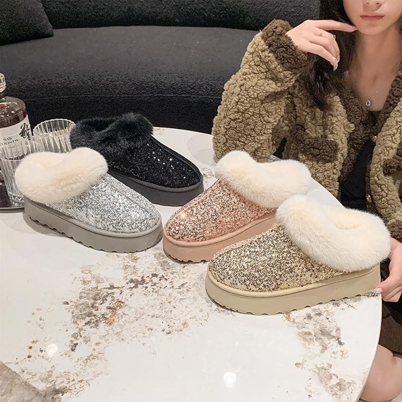 Women's Snow Boots for Autumn and Winter Large Size Thick Sole Sequins Thick Fur Mouth Thick and Warm Snow Boots for Women