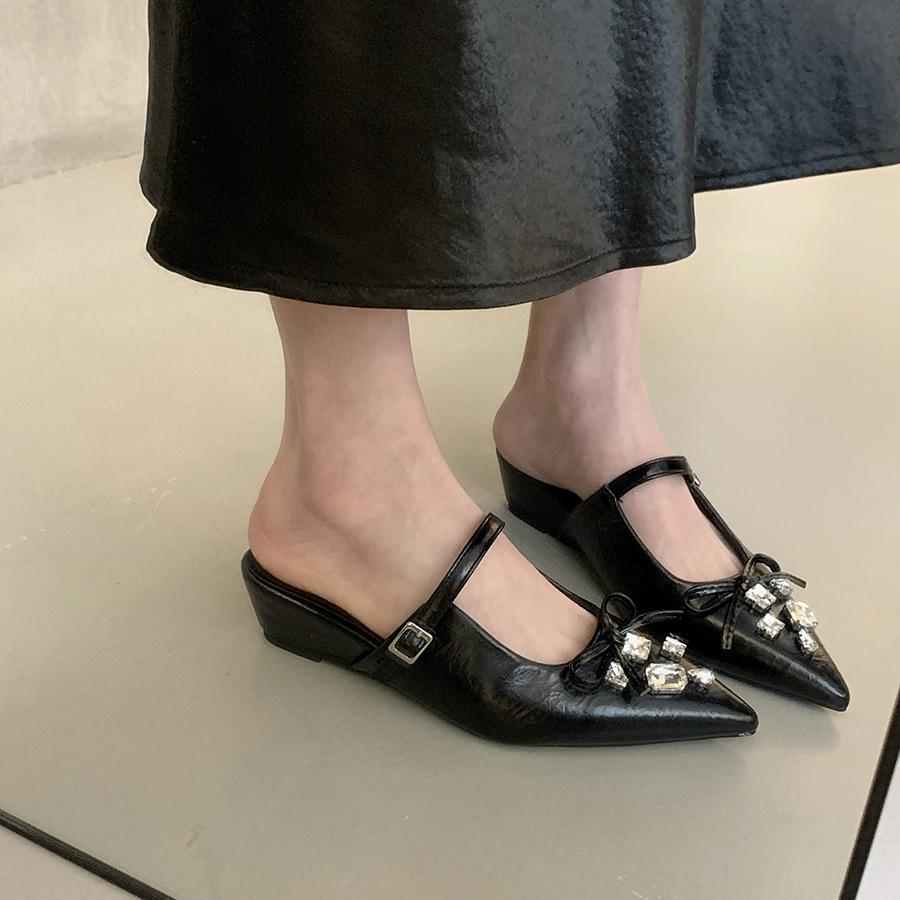 thick-soled silver temperament bag head half slippers women's shoes wear rhinestones Mary Jane sandals