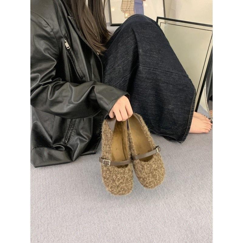 Korean version of gentle velvet one-word buckle with ballet single shoes femininity thick heel soft sole fluffy Mary Jane
